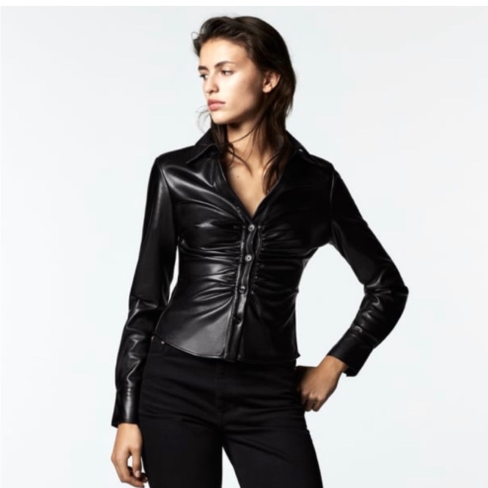 Zara Black Faux Leather Button-Down Shirt
